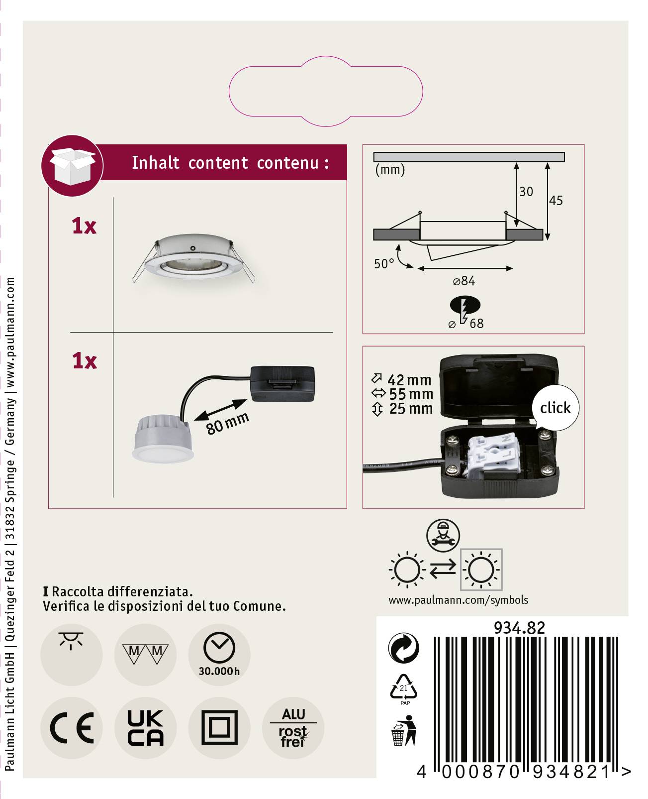 'Inhalt: 1x Einbauspot, 1x Anschlussbox. Maße: Ausschnitt 68 mm, Einbautiefe 30 mm. Symbole: Recycling, Zertifizierungen, QR-Code.'