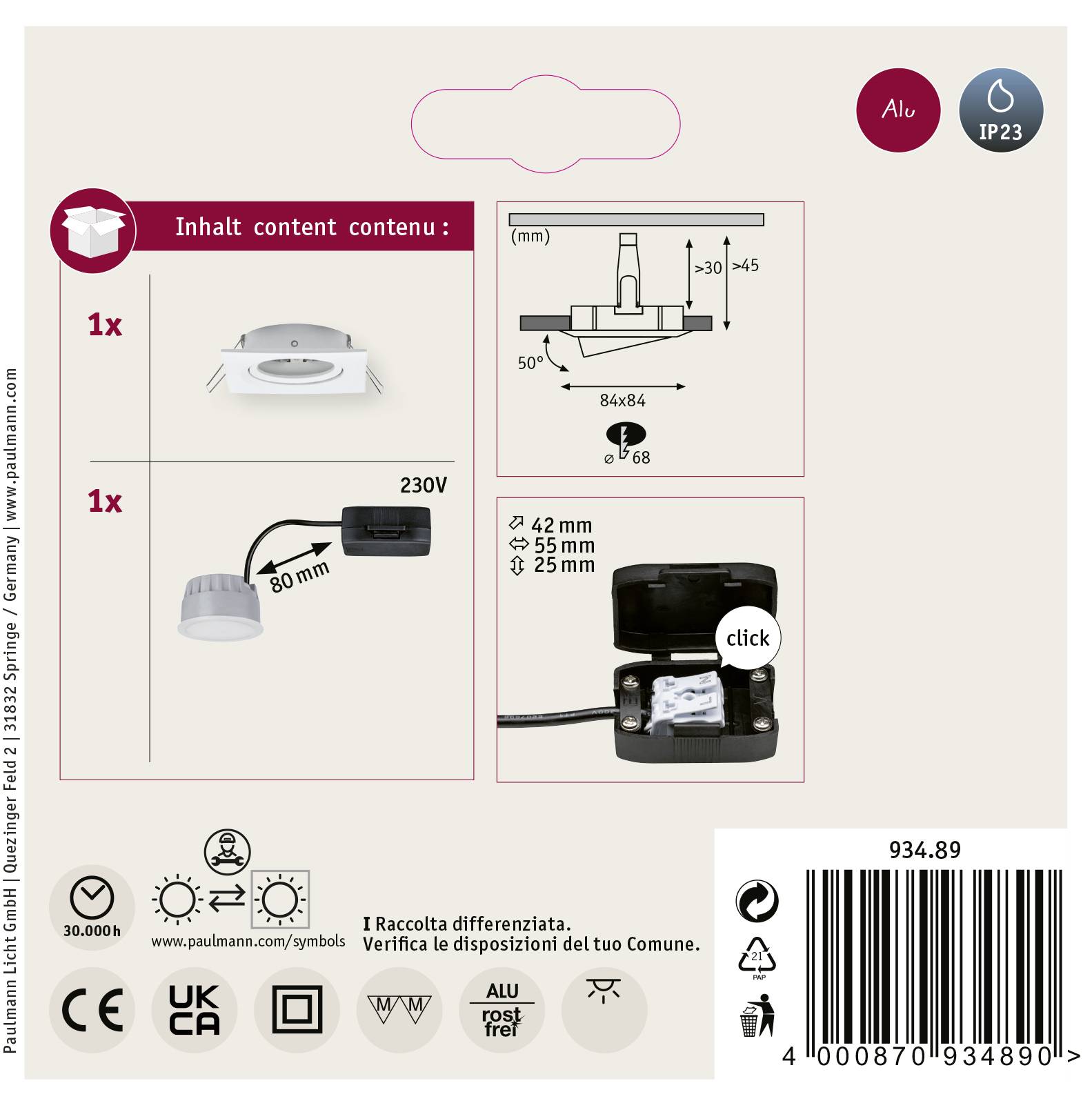 'Paulmann Alu IP23' Produktverpackung. Enthält Montageanleitung für Einbaustrahler. Elektrische Anschlussdetails gezeigt. Marken- und Sicherheitslogos sichtbar.