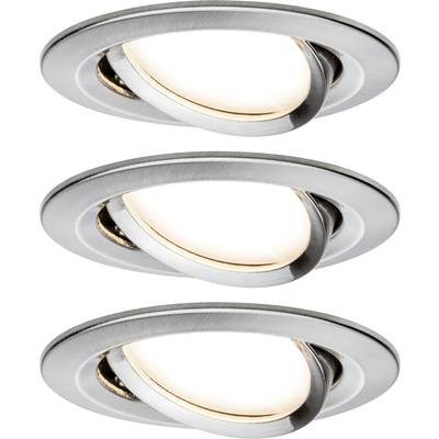 Drei LED-Deckenspots aus gebürstetem Metall, schwenkbar montiert, leuchten warmweiß und sind in moderner Anordnung dargestellt.