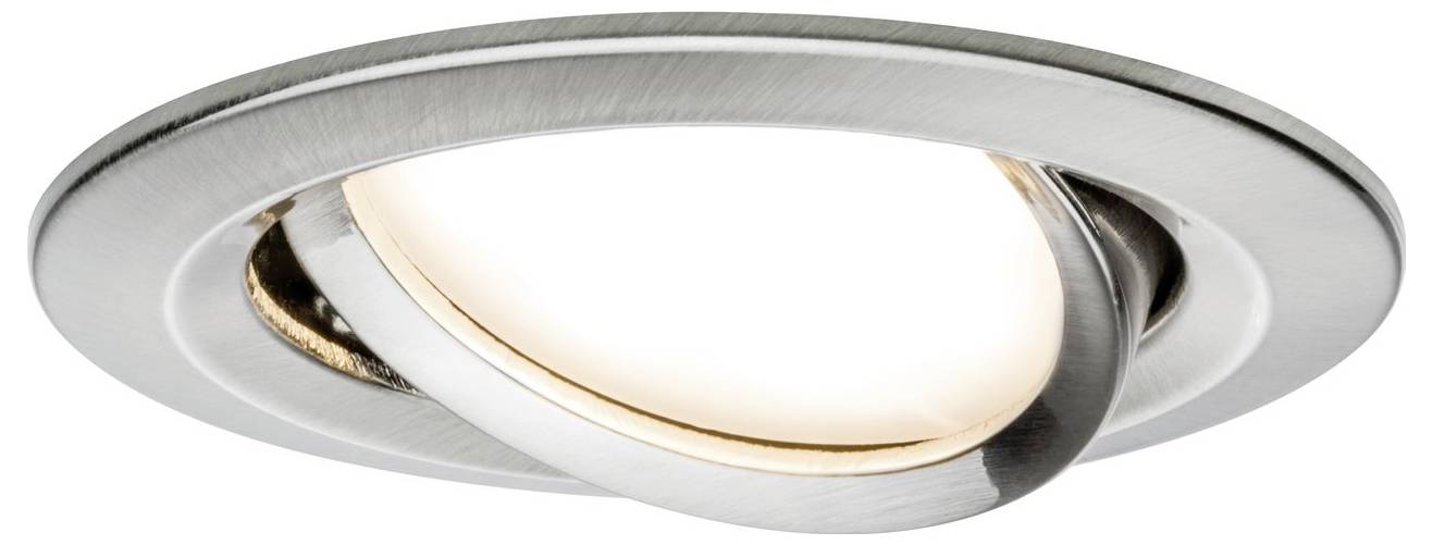 Runde, schwenkbare Einbauleuchte aus gebürstetem Metall mit warmweißem Licht. Geeignet für moderne Innenräume.