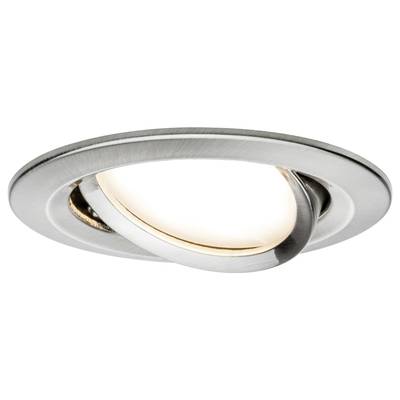 Runde, schwenkbare Einbauleuchte aus gebürstetem Metall mit warmweißem Licht. Geeignet für moderne Innenräume.