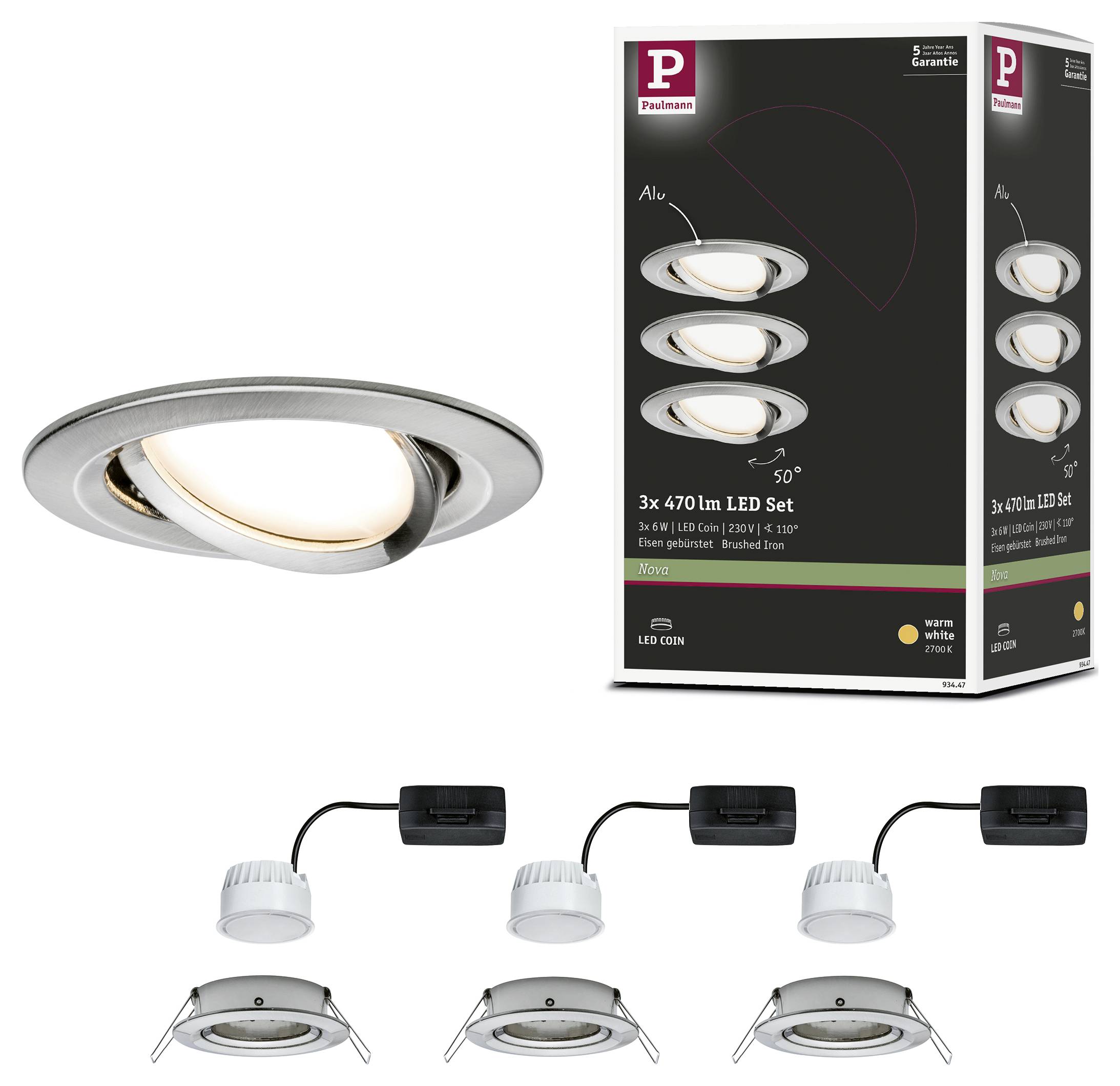 Ein Set von drei LED-Einbaustrahlern, 3 x 470 lm, in Aluminium-Optik mit gebürsteter Oberfläche. Verpackung rechts zeigt Produkte.