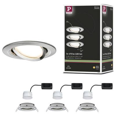 Ein Set von drei LED-Einbaustrahlern, 3 x 470 lm, in Aluminium-Optik mit gebürsteter Oberfläche. Verpackung rechts zeigt Produkte.