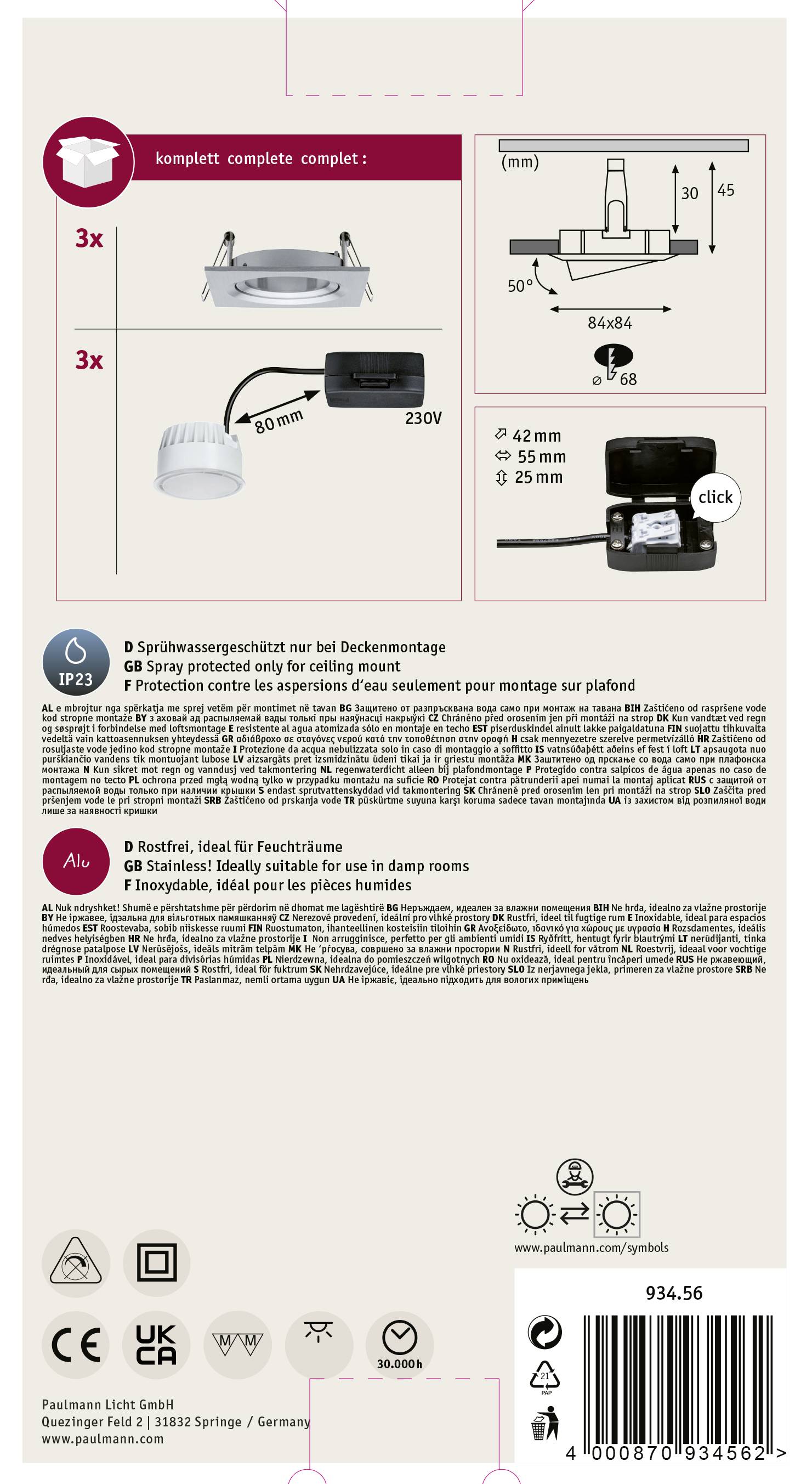 Verpackung zeigt eine Deckenleuchte mit Zubehör, Installationstipps, Schutzklassensymbolen und Installationsschema. Text in Deutsch, Englisch, Französisch.