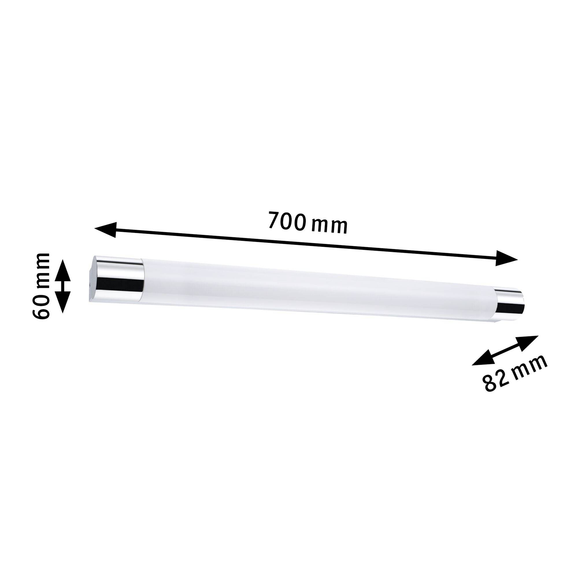 Längliche Leuchte mit den Maßen 700 mm Länge, 82 mm Breite, 60 mm Höhe, weiße Oberfläche und chromfarbenen Enden.