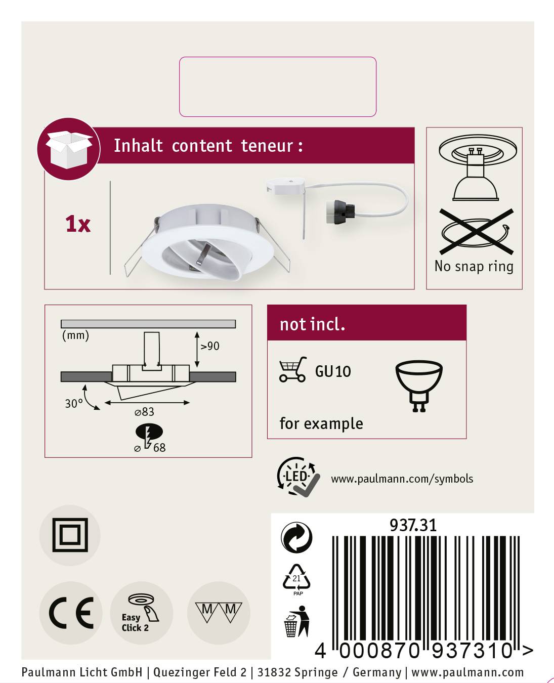 'Einbauleuchte ohne Halterung und GU10-Fassung, inklusive Maße und Anleitung auf Deutsch und Englisch, nicht dimmbar.'