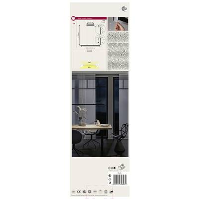 Verpackungsrückseite eines LED-Deckenlichts. Oben technische Zeichnung und Maße, rechts Installation, unten Anwendung in modernem Esszimmer.