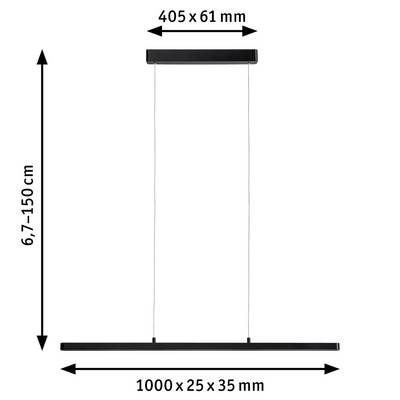 Eine schwarze, längliche Hängelampe mit verstellbarer Höhe (6,7–150 cm). Oben: 405 x 61 mm. Unten: 1000 x 25 x 35 mm.