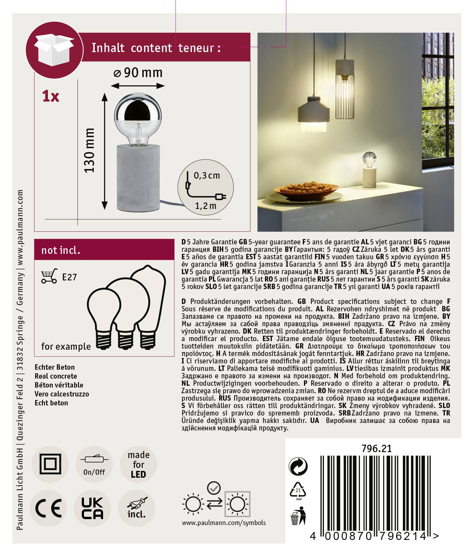 'Produktfoto einer Beton-Tischlampe mit Glühbirne. Maßangaben: Durchmesser 90 mm, Höhe 130 mm. Garantie 5/8 Jahre. Fassung E27.'