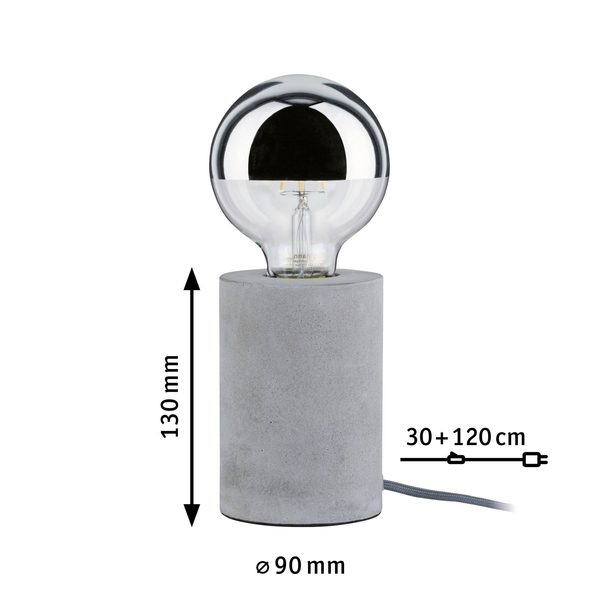 Eine moderne Tischlampe mit zylindrischem Betonfuß und silberner Glühbirne. Maße: Höhe 130 mm, Durchmesser 90 mm. Kabel: 150 cm.