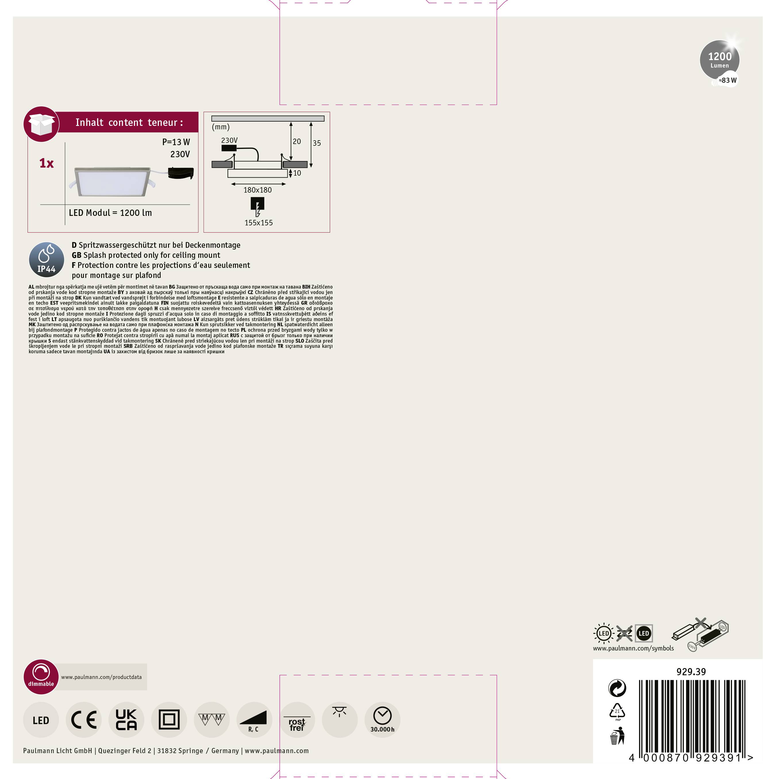 Verpackungsrückseite einer LED-Lampe. Zeigt enthaltenes Modul, technische Zeichnung mit Maßen (280 mm Durchmesser, 85 mm Tiefe), Montagehinweise. Scannen Sie den QR-Code für weitere Informationen.
