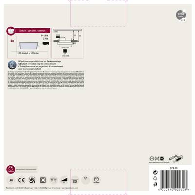 Verpackungsrückseite einer LED-Lampe. Zeigt enthaltenes Modul, technische Zeichnung mit Maßen (280 mm Durchmesser, 85 mm Tiefe), Montagehinweise. Scannen Sie den QR-Code für weitere Informationen.