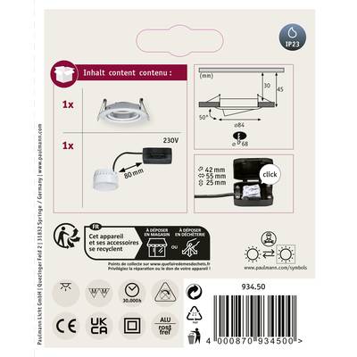 'IP23' Deckeneinbauleuchte Verpackung: 1x Leuchte, 230V, 80mm; 1x Verbinder. Piktogramme: recycelbar, Normen. Montagezeichnung rechts.