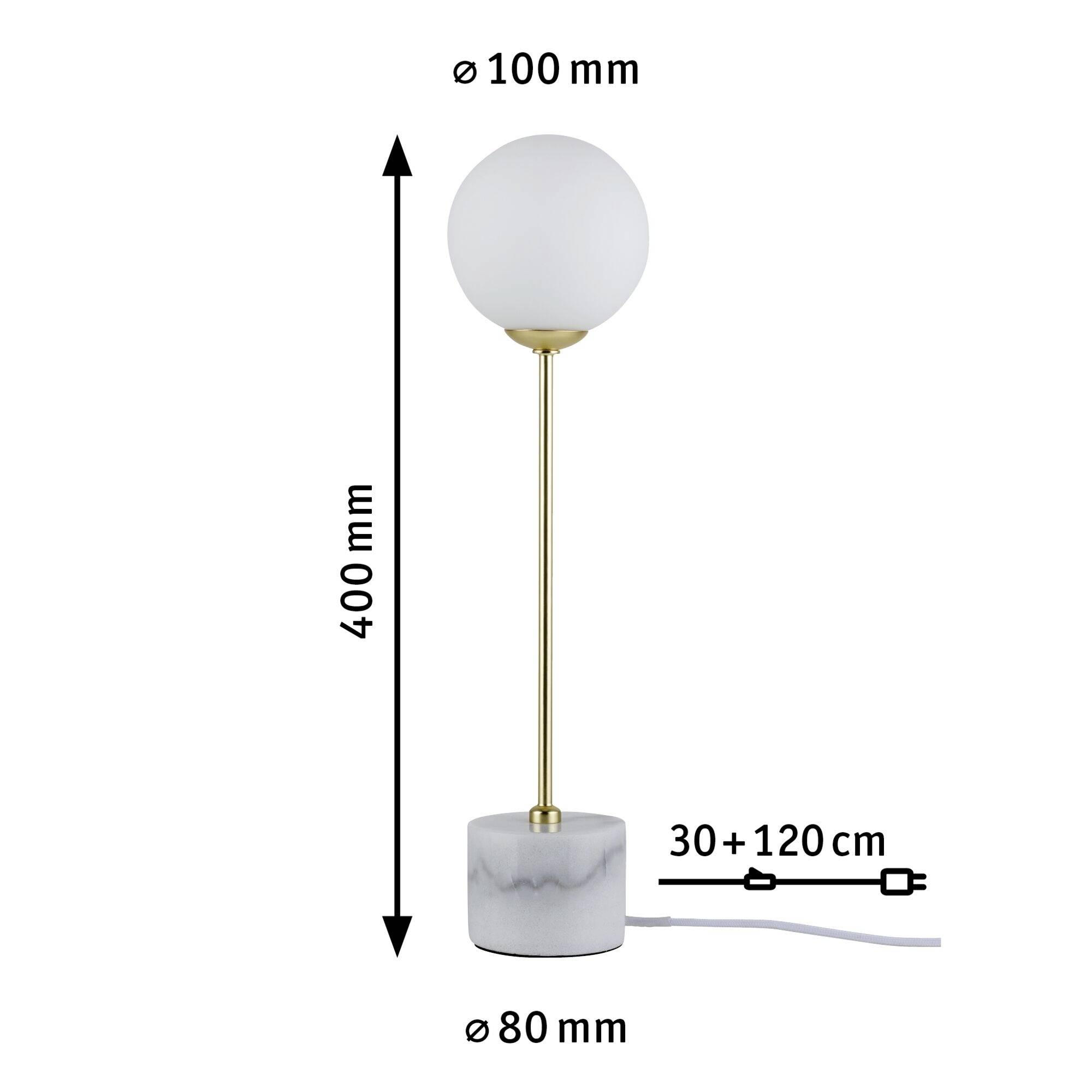 Tischlampe mit kugelförmigem, weißem Schirm, goldfarbenem Stab und rundem, grauem Sockel. Maße: Höhe 400 mm, Schirm Ø 100 mm, Sockel Ø 80 mm. Kabel 150 cm.