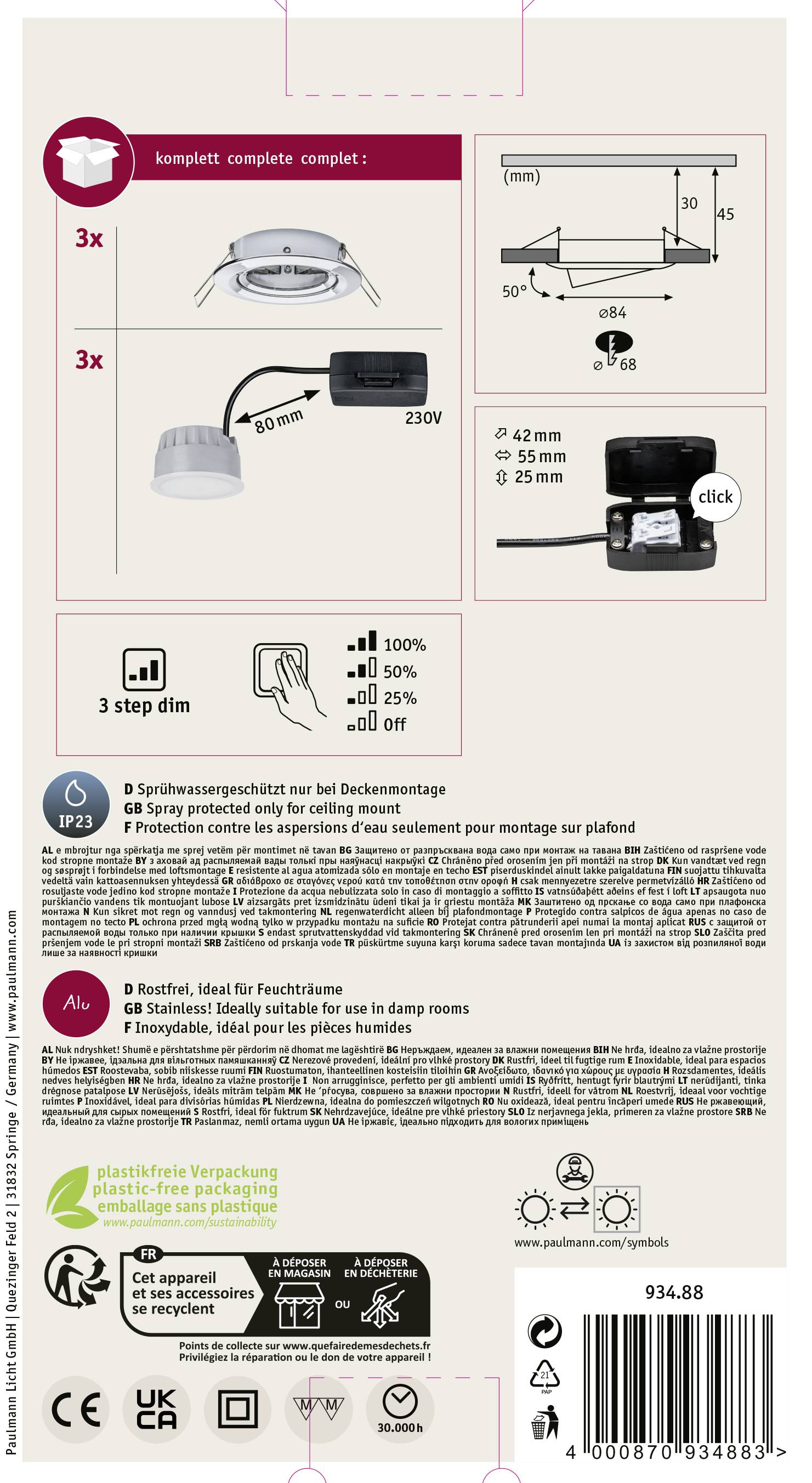 'Produktverpackung mit Montageanleitung für ein Lichtsystem. Enthält Maße, Anschlüsse und Symbole für Feuchtraumeignung und Energieeffizienz.'