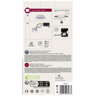 'Produktverpackung mit Montageanleitung für ein Lichtsystem. Enthält Maße, Anschlüsse und Symbole für Feuchtraumeignung und Energieeffizienz.'