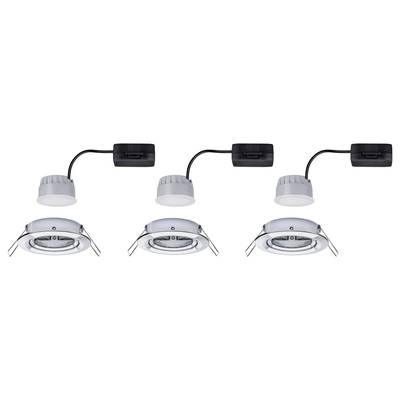 Drei LED-Deckeneinbaulampen in Reihe; obere Ansicht zeigt Kabelanschlüsse, untere Ansicht zeigt Federklammern und Lampenform.