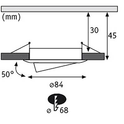 Technische Zeichnung einer Deckenleuchte: Durchmesser 84 mm, Einbauöffnung 68 mm, Neigungswinkel 50 Grad, Höhenmaße 30 und 45 mm.