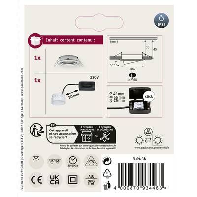 'Inhalt: 1x Einbauleuchte, 230V. Maße: Durchmesser 80mm. Einbautiefe 25mm bis 55mm. IP23. Energieeffizienzlabel, Recycling-Info.'