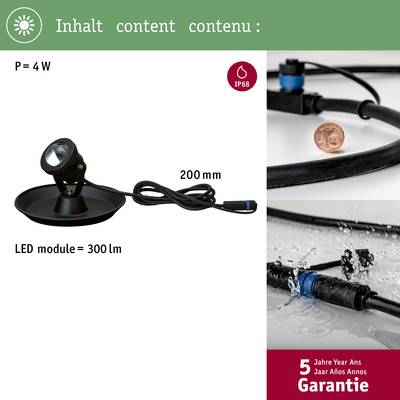 'LED-Modul mit 4W und 300 Lumen, 200mm Länge, IP68-Zertifizierung. Abgebildet mit einer Münze zum Größenvergleich. 5 Jahre Garantie.'