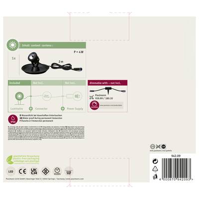 Eine Verpackung für ein LED-Produkt mit Angaben zu enthaltenem Zubehör, Leistung (4W), Energieklasse (G), Abmessungen, Logos und Warnhinweisen.
