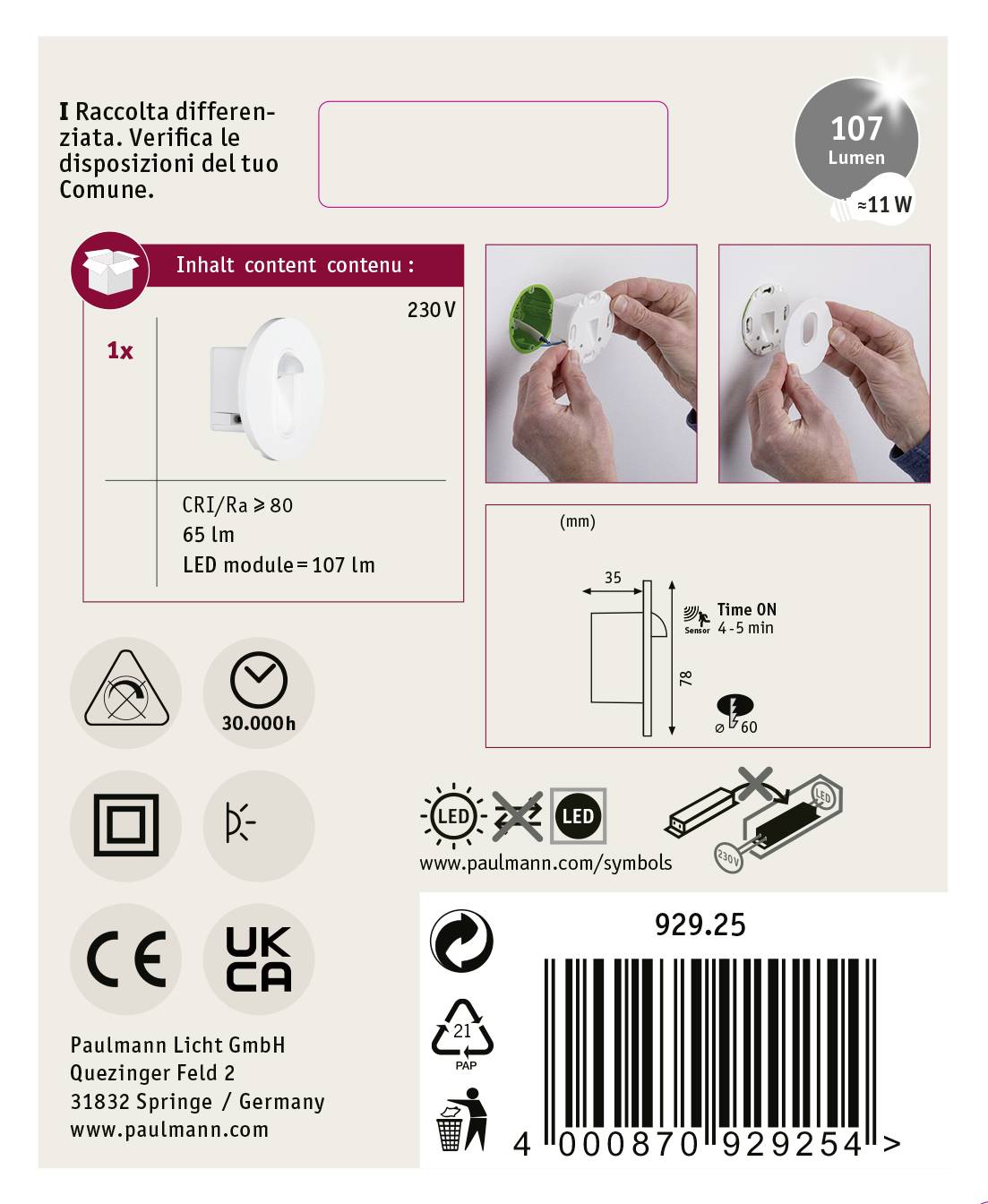 'LED-Einbauspot' von Paulmann, 107 Lumen, 230V, Maße und Montageanleitung abgebildet. CE-Kennzeichnung, Produktnummer 929.25.