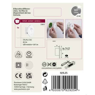 'LED-Einbauspot' von Paulmann, 107 Lumen, 230V, Maße und Montageanleitung abgebildet. CE-Kennzeichnung, Produktnummer 929.25.