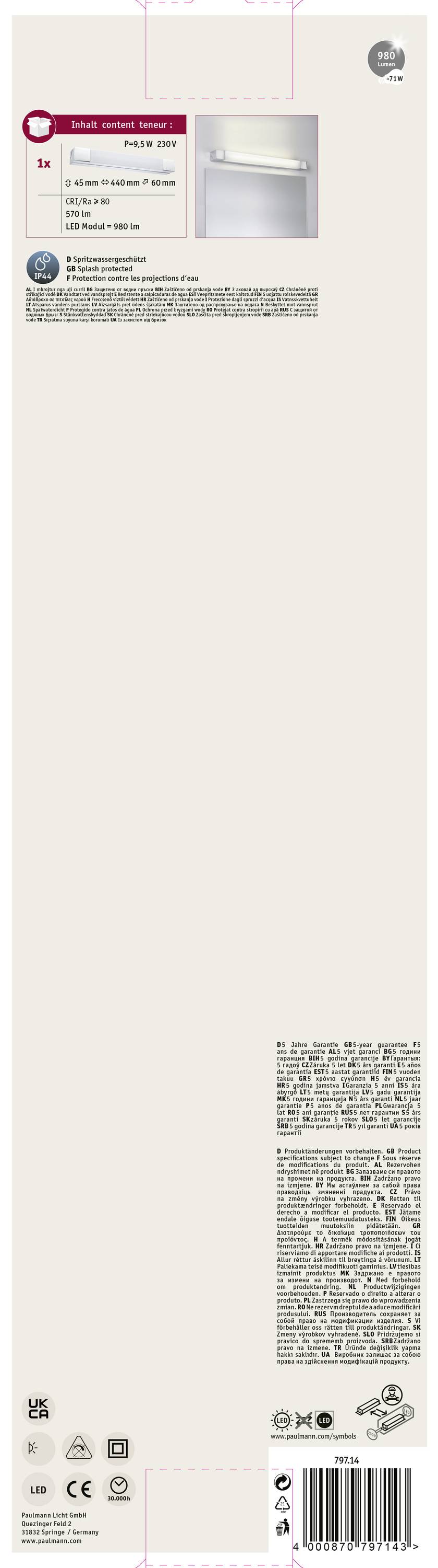 Verpackung einer Lampe mit Abbildung des Produkts oben. Text enthält Details zu Typ, Energieverbrauch und Herstellerinformationen.