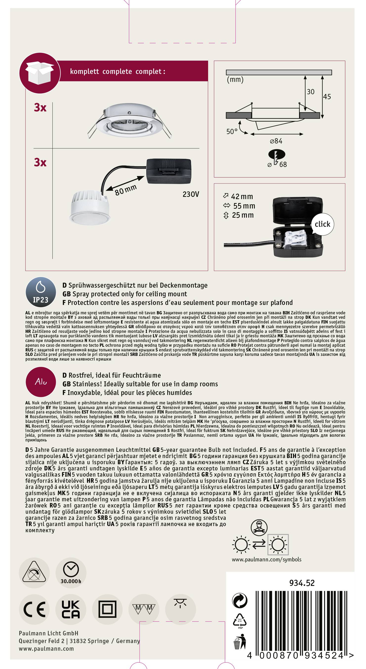 Verpackungsrückseite eines Produkts mit Anweisungen zur Deckenmontage einer Lampe. Enthält Abbildungen, Maße und Sicherheitshinweise.