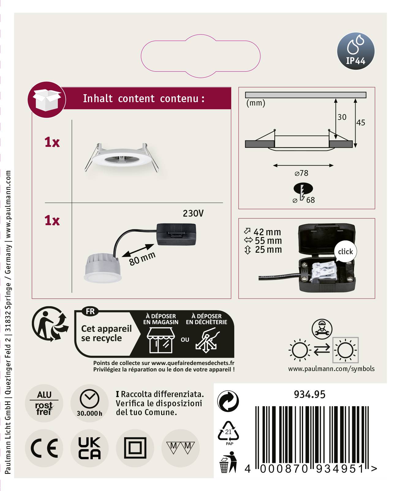 'Verpackungsrückseite einer 230V-LED-Leuchte. Enthält Montageanleitung, Maße: Durchmesser 68-78 mm, Höhe 35 mm. Schutzart IP44.'