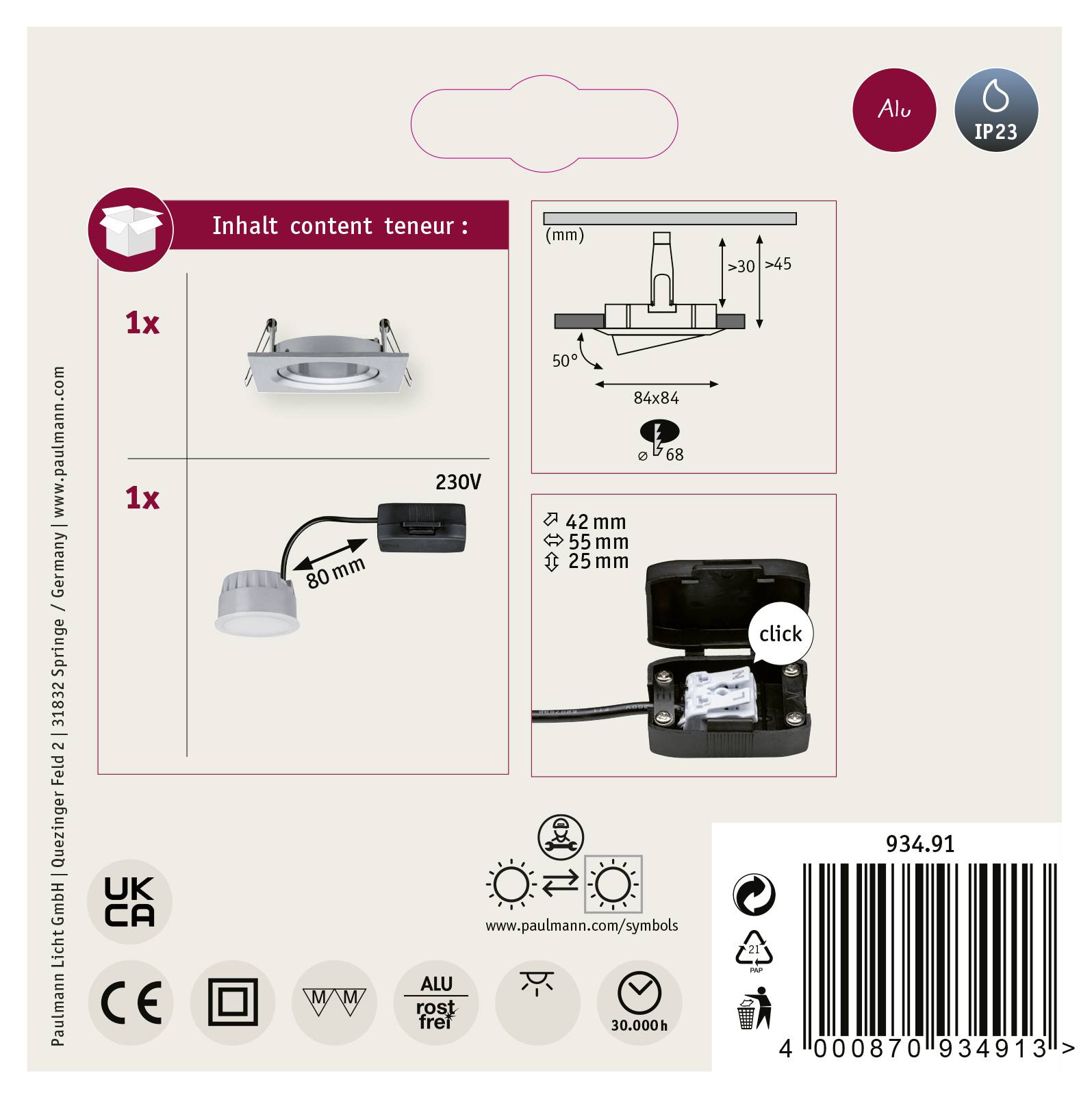 'Inhalt' zeigt ein Einbaustrahler-Set mit Abmessungen und Installationsdetails. Enthält ein Strahlergehäuse und ein Anschlusskabel.