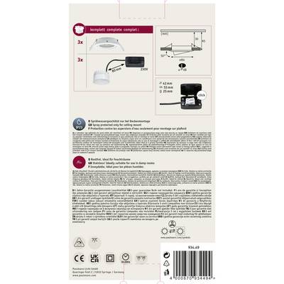 'Verpackung einer LED-Deckenleuchte mit Installationsanleitung und technischen Daten. Enthält IP23 Schutzklasse- und Garantieinformation.'