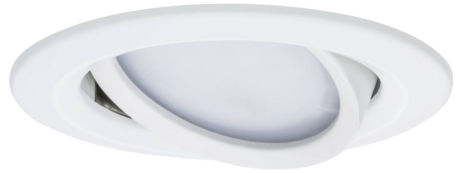 Eine runde, weiße LED-Deckenleuchte mit schwenkbarem Einsatz zur variablen Lichteinstellung. Ideal für moderne Innenräume.