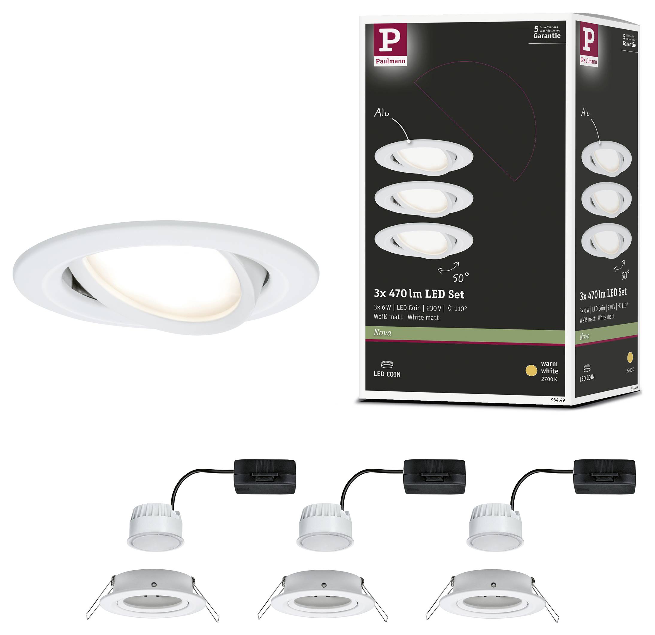 '3x 470 Lm LED Set': Einbaustrahler-Set mit schwenkbaren, weißen LED-Leuchten, warmweißes Licht, Produktverpackung mit technischen Details.