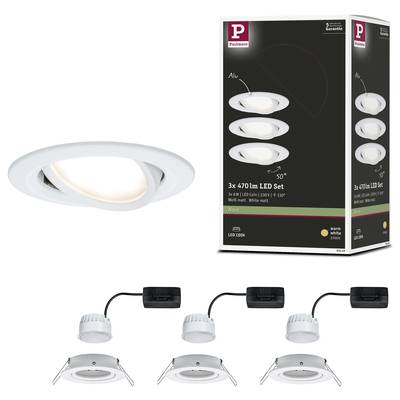 '3x 470 Lm LED Set': Einbaustrahler-Set mit schwenkbaren, weißen LED-Leuchten, warmweißes Licht, Produktverpackung mit technischen Details.