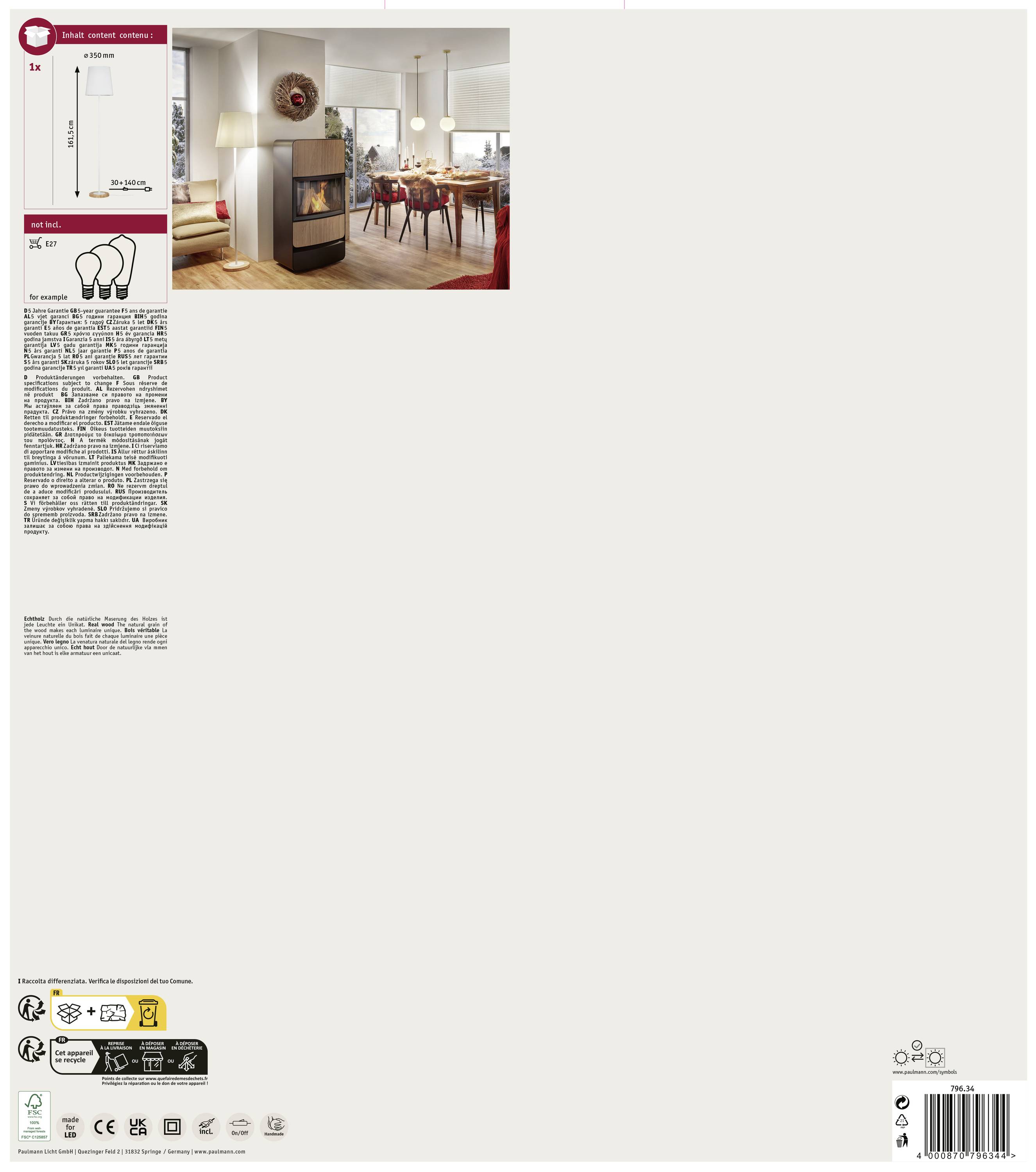 Verpackung eines Kaminofens mit Bild eines Kamins in einem modern eingerichteten Wohnzimmer. Textblöcke beschreiben Spezifikationen und Funktionen des Ofens.