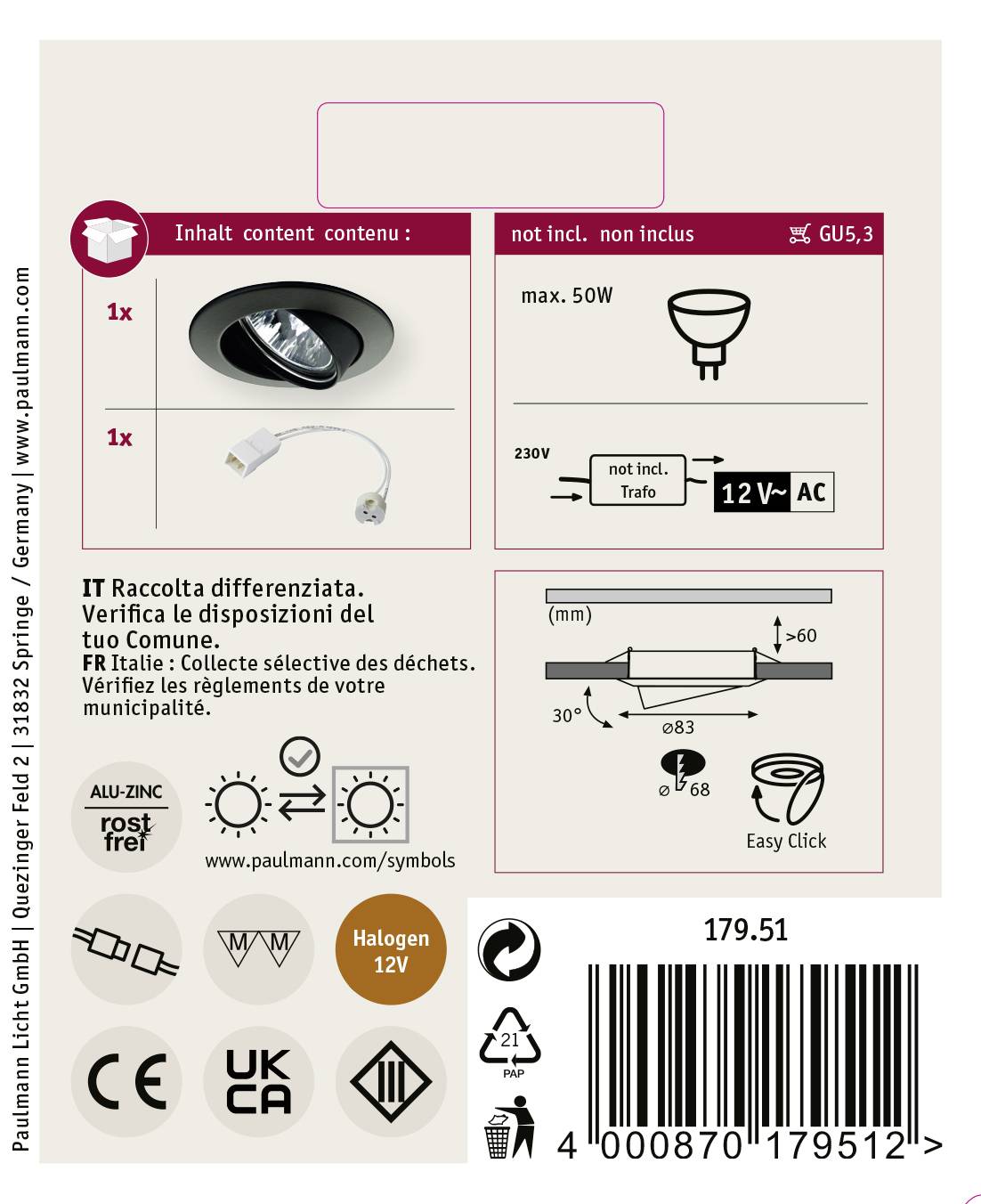 'Halogen-Spotlicht-Set, GU5.3, max. 50W, benötigt Trafo. Verpackung zeigt Symbollegende, Montageanleitung und Produktinformationen.'