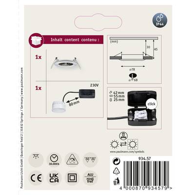 Das Bild zeigt die Verpackung eines LED-Einbaustrahlers. Enthalten sind 1x Einbaustrahler, 1x Treiber. Abmessungen und IP44-Schutz sind angegeben.