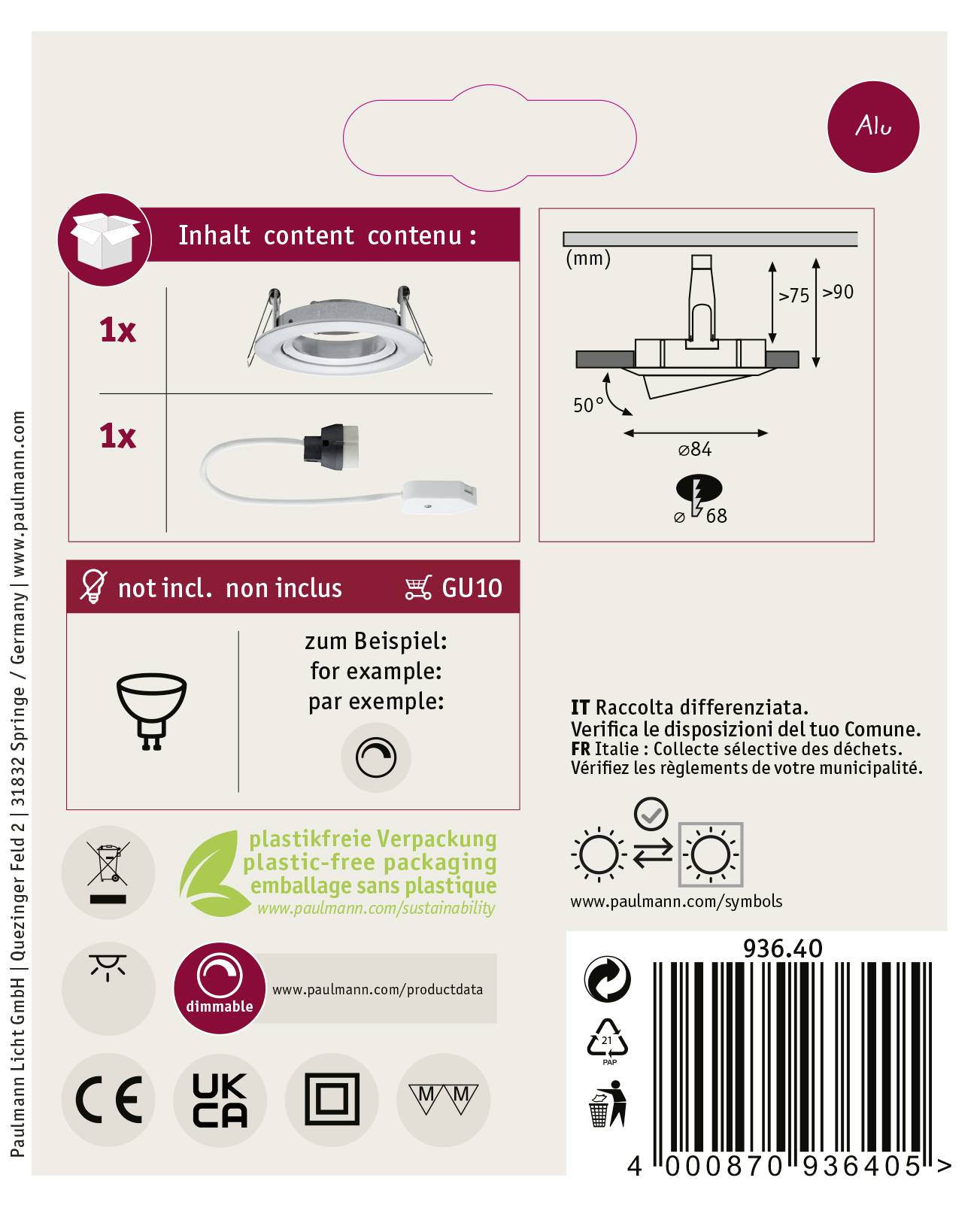 'Einbaustrahler-Set' mit Anleitungen: 1x Einbaustrahler, GU10-Fassung. Symbole: recycelbare Verpackung, EU-Konformität.