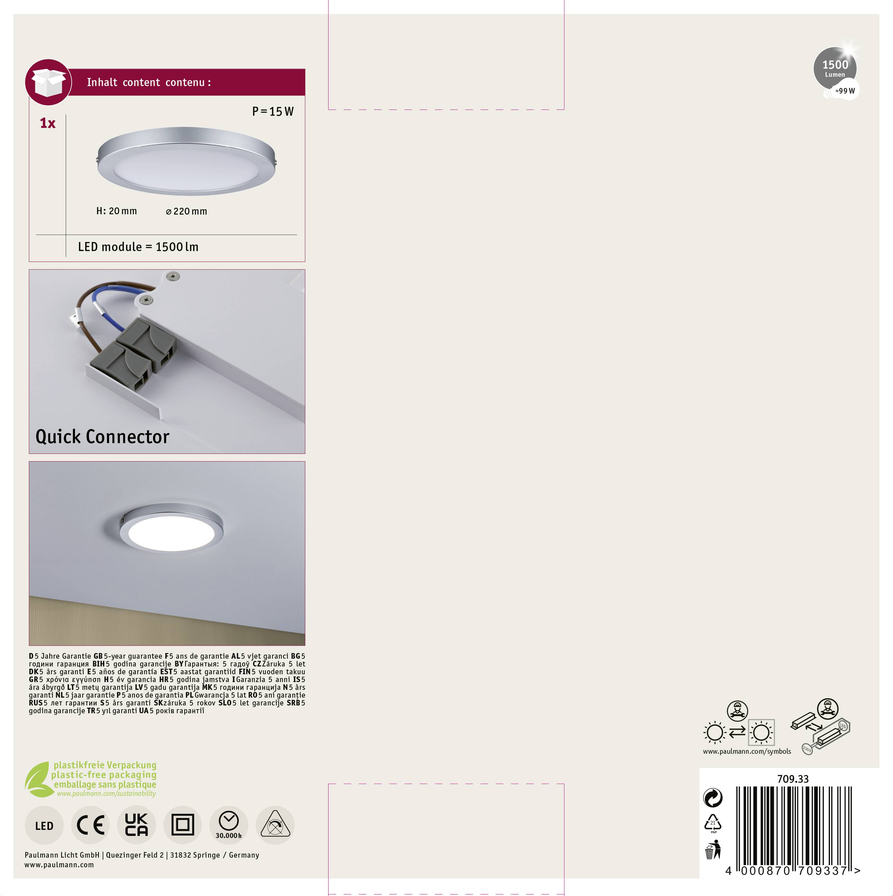 Beleuchtungspaket eines LED-Deckenlichts: Enthält ein LED-Modul, 1500 Lumen, 15 Watt, Quick Connector und Installationshinweise.