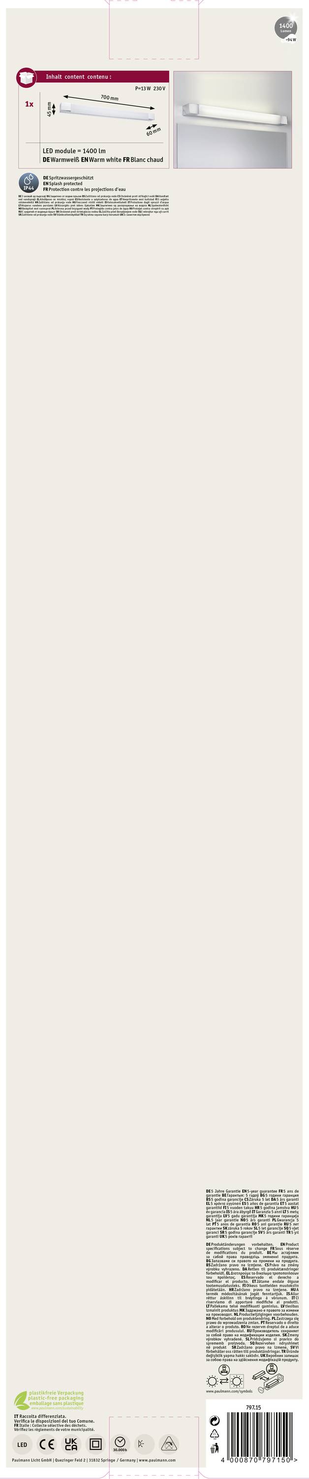 Die Verpackung einer LED-Leuchte, zeigt Abbildung der Leuchte, technische Spezifikationen und Angaben zu Energieeffizienzklasse.