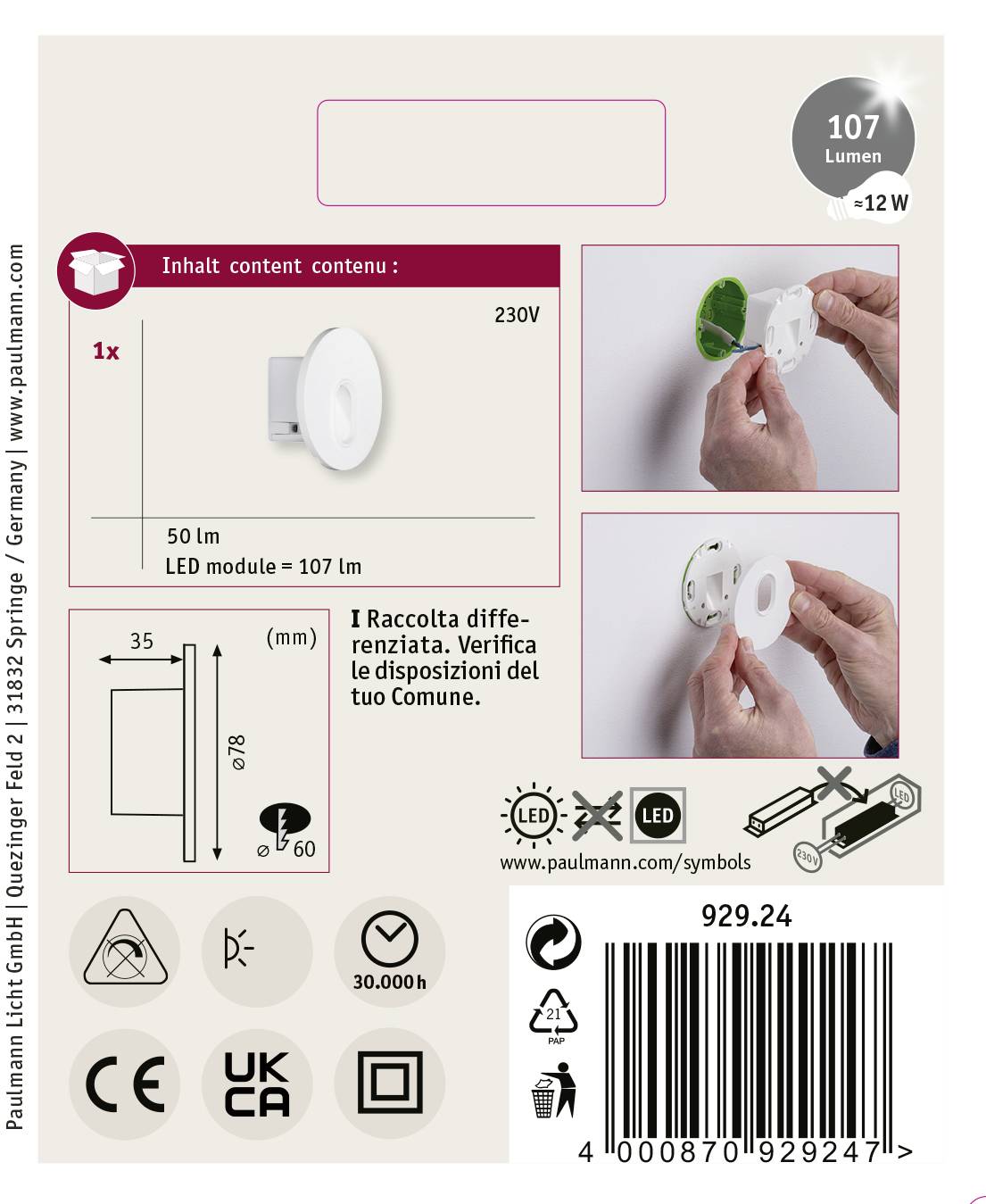 Verpackungsrückseite einer LED-Leuchte. Oben: Abbildung der Leuchte. Mitte: Installationsschritte. Unten: Maße, 30.000 Stunden Lebensdauer, Energiezeichen.