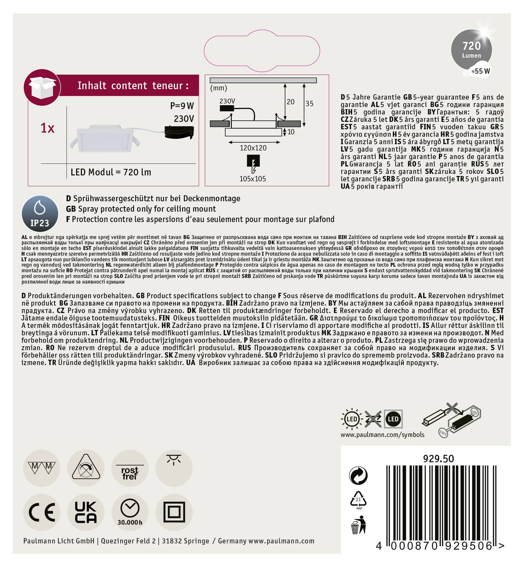'LED-Deckenleuchte mit Sprühwasserschutz (IP23), geeignet für Deckenmontage. Enthält LED-Modul mit 720 lm. 5 Jahre Garantie.'