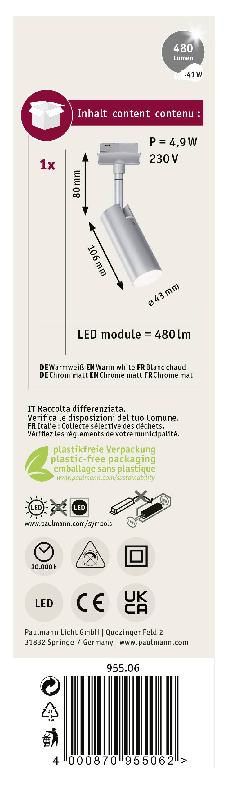 Verpackungsetikett eines LED-Moduls mit 480 Lumen, 4,9 Watt, 230V. Enthält Montageanleitung, Recyclinghinweise und Barcode unten.