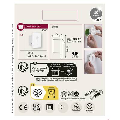 'Verpackung für LED-Lichtmodul, 107 Lumen, 230V. Enthält 1 Modul, 50lm und 12W. Symbole für Recycling und Sicherheitshinweise.'