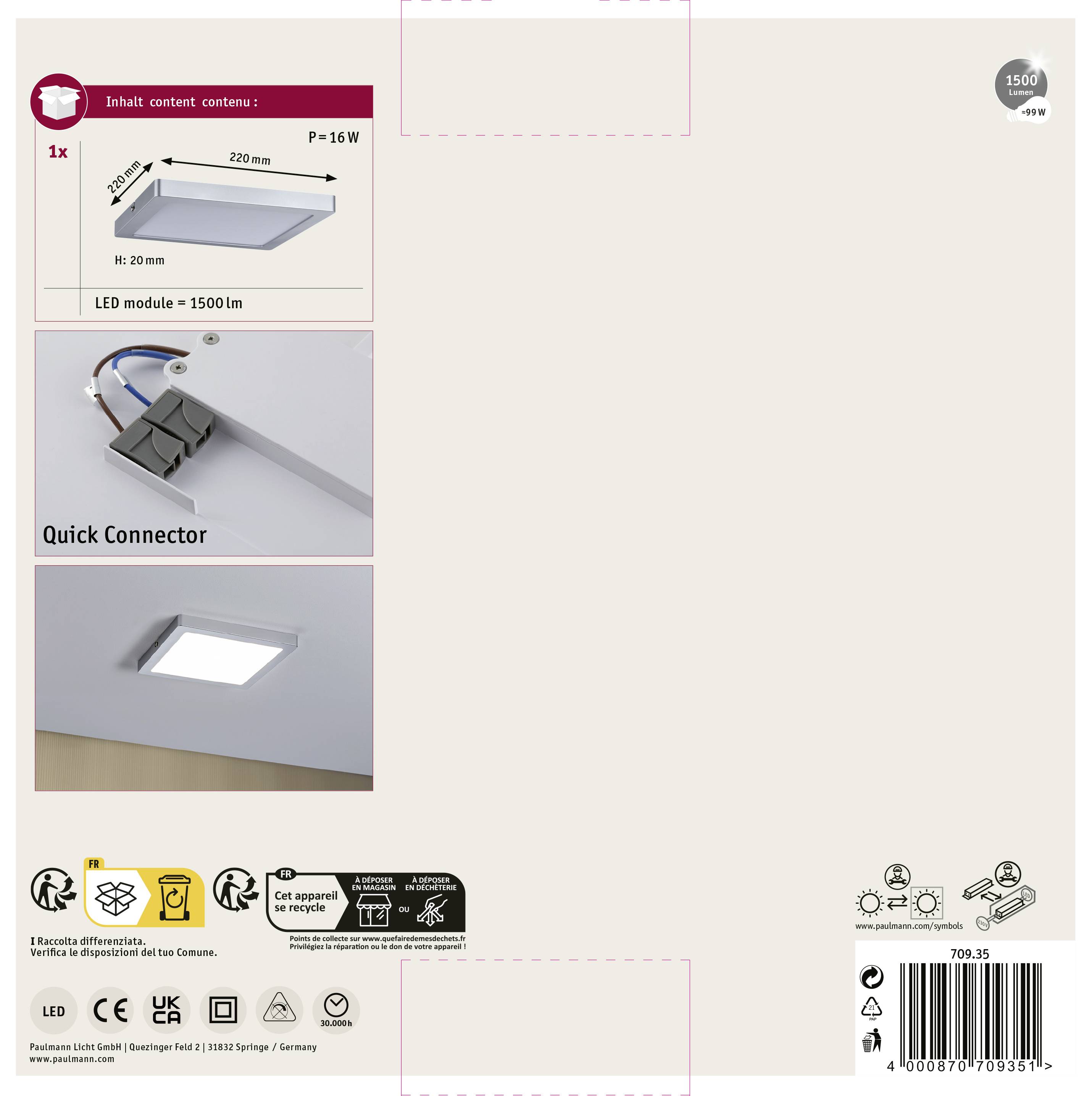 'LED-Module 1500 lm, P=16W, Maße 220 mm. Mit Schnellanschluss. Leuchten auf zwei Bildern: montiert und in Nahaufnahme.'
