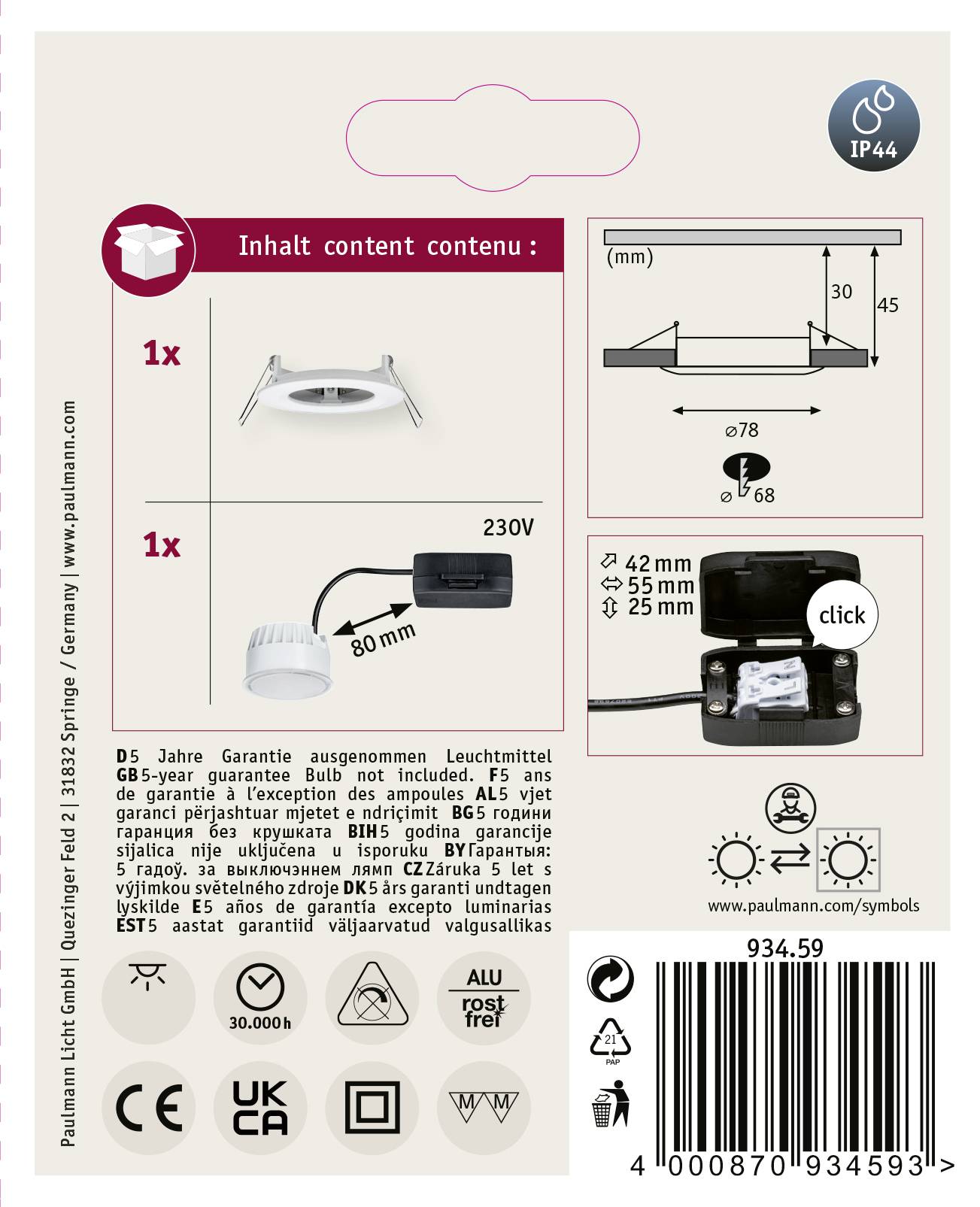 'Paulmann Einbaustrahler Set': Eine Abbildung zeigt die Dimensionen und technische Details eines LED-Einbaustrahlers, inklusive IP44-Schutzart und Gewährleistungsinformationen.