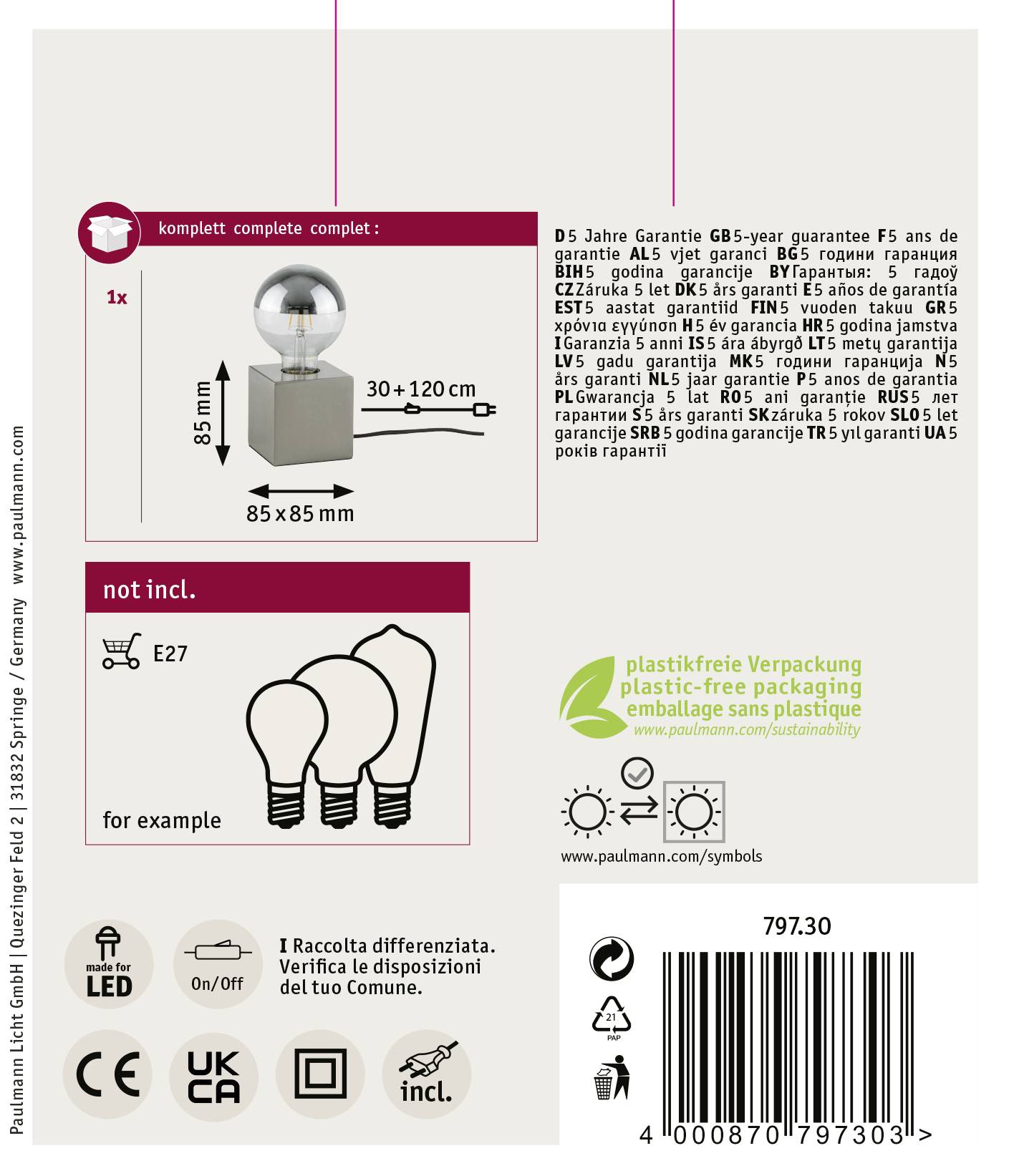 Verpackung eines Halogen-Dimmer-Schalters mit inkludierter Glühbirne, 85x85 mm Größe. Hinweise zu Garantie, Verpackung und Symbolen.