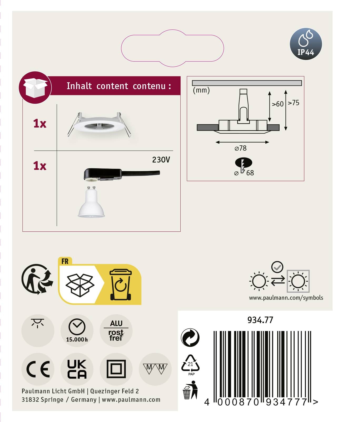 'Inhalt' zeigt 1x Einbauleuchte, 1x Fassung. Maße: Ø78 mm, Einbautiefe 68 mm. Geeignet für 230V. IP44-Symbol für Spritzwasserschutz.