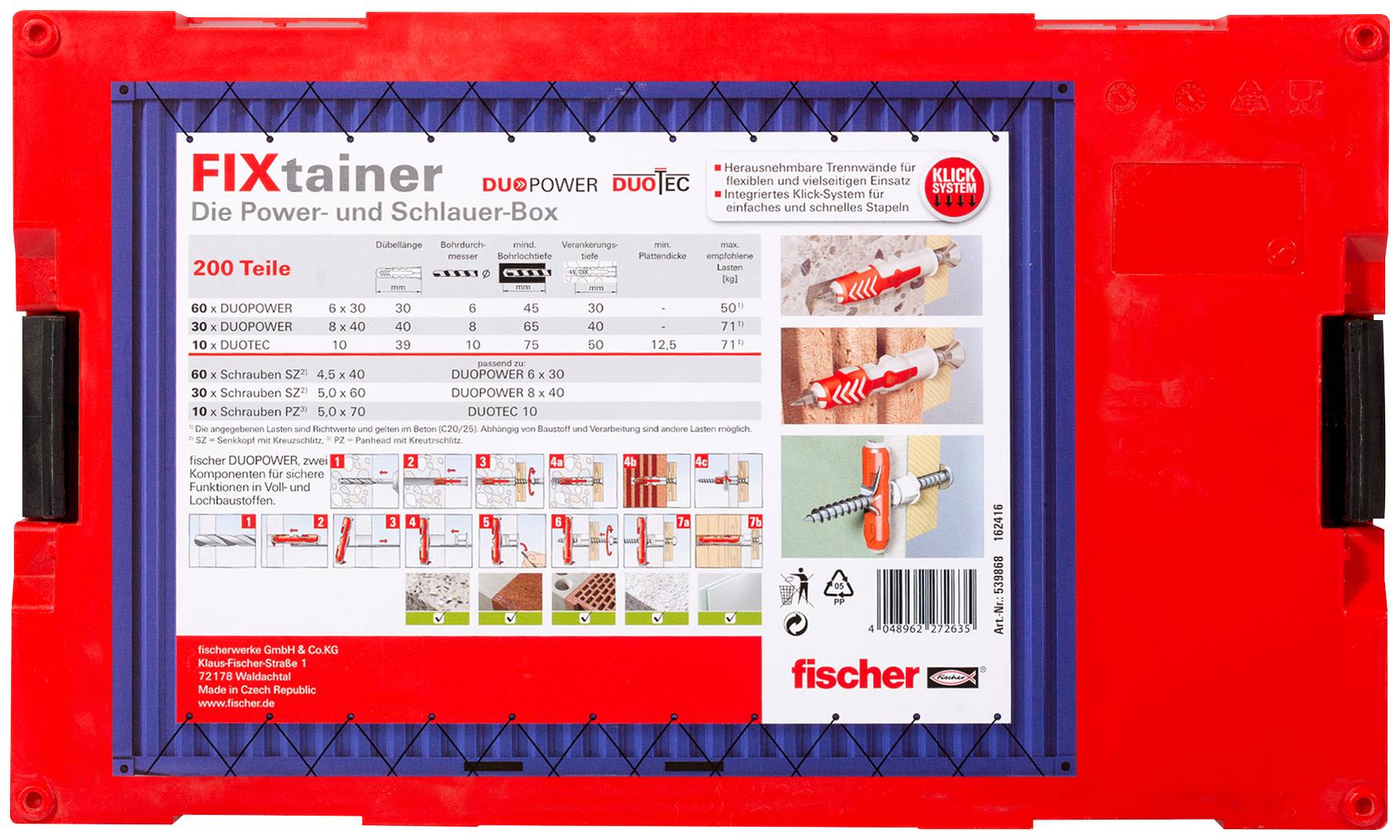 Red Fischer FIXtainer 'DUOPOWER DUO' Elektro- und Bohr-Box mit Produktinformationsblatt auf der Vorderseite